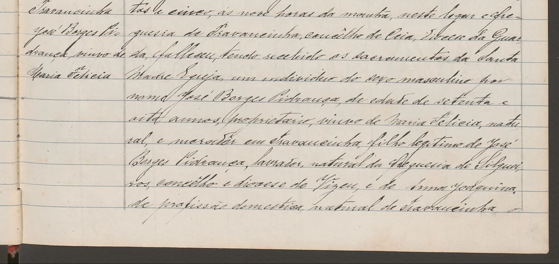 Excerto do registo de óbito de José Borges Pidrança, Travancinha, 1905, com o apelido Pidrança na margem e no texto